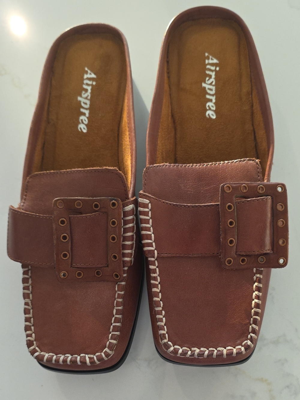 Airspree Woman's Nutmeg Leather Slip-On Loafers / Mules, Suede Lined. - Picture 1 of 3